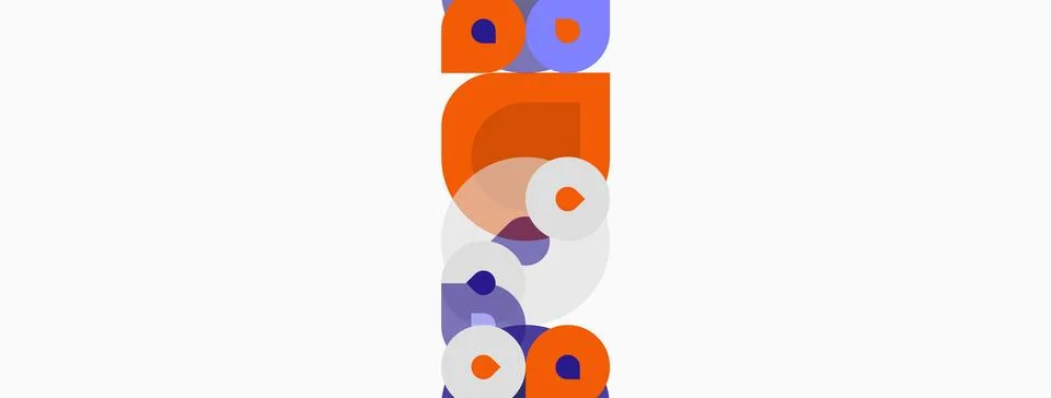 Abstract composition featuring overlapping circles, squares, rectangles. Pu.. Illustrazione stock