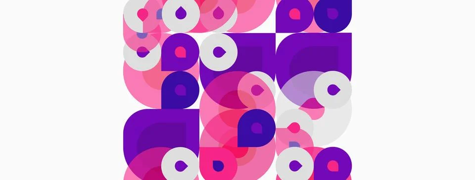 Abstract composition featuring overlapping circles, squares. Pink, purple, .. 库存插图
