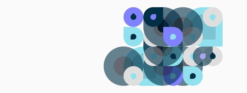 Abstract composition featuring overlapping circles. Various shades blue, purp Illustrazione stock
