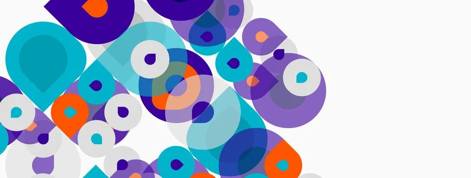 Abstract composition featuring overlapping circles, squares, varied hues. M.. Illustrazione stock