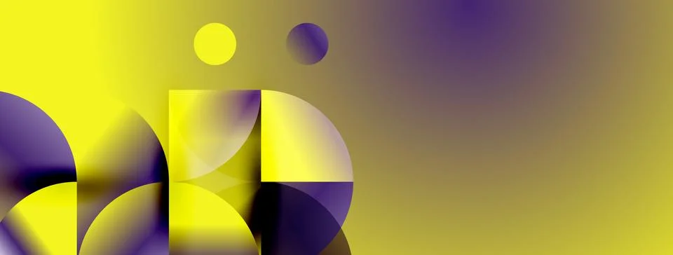 Abstract composition featuring overlapping circles, gradients, yellow, purple Illustrazione stock
