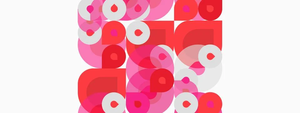 Abstract composition featuring overlapping circles, squares, pinks, reds, w.. Illustrazione stock