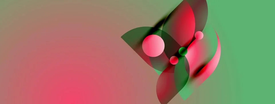 Abstract composition featuring overlapping circles, gradients. Pink, green hu Illustrazione stock