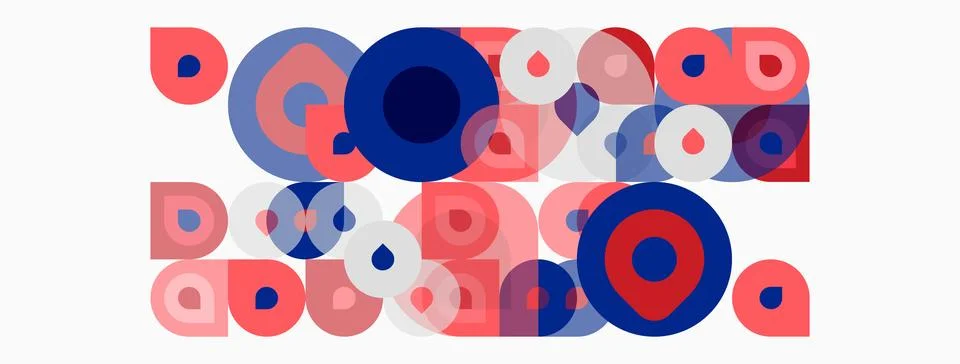 Abstract composition featuring overlapping circles, squares, rectangles. Pink Stock Illustration