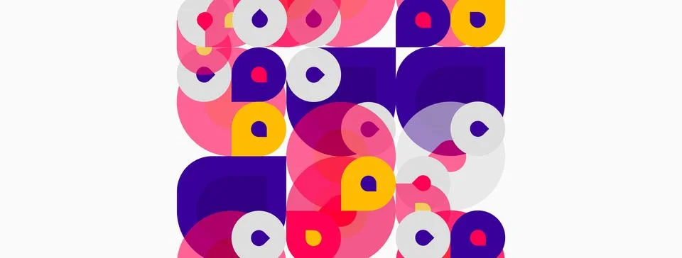 Abstract composition featuring overlapping circles, squares. Pink, purple, Illustrazione stock