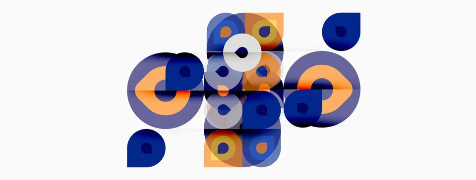 Abstract composition featuring overlapping circles, squares, varied hues. M.. Illustrazione stock