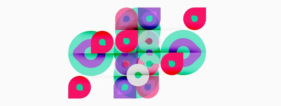 Abstract composition featuring overlapping circles, squares, vibrant pinks, Illustrazione stock