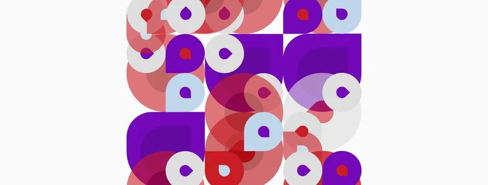 Abstract composition featuring overlapping circles, squares, vibrant purple, Illustrazione stock