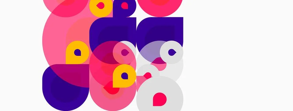 Abstract composition featuring overlapping circles, squares. Pink, purple hue Stock Illustration