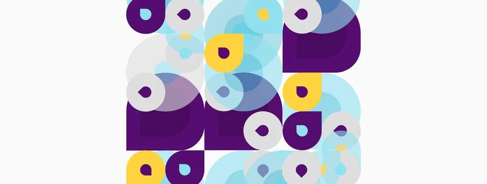 Abstract composition featuring overlapping circles, squares, rectangles. Pu.. 스톡 일러스트