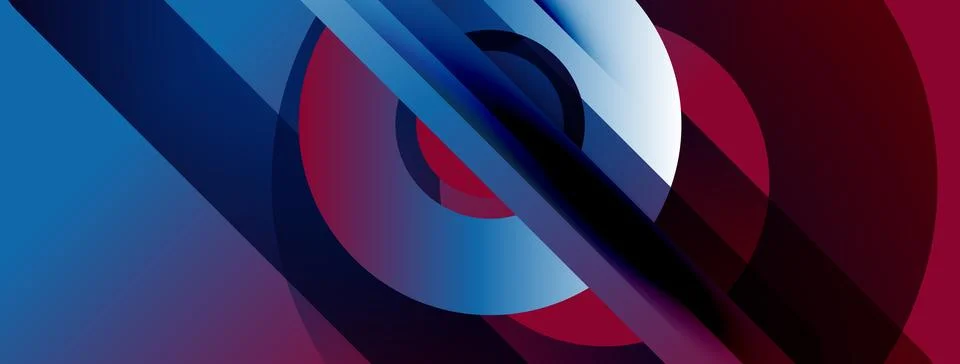 Abstract composition featuring overlapping circles, lines. Blue, red, white.. Stock Illustration