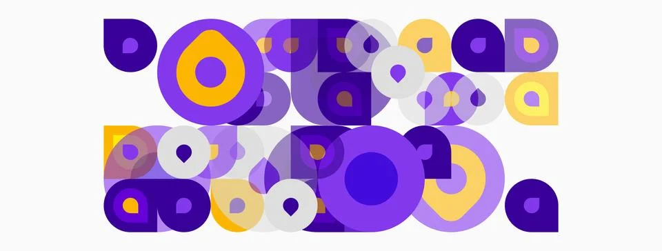 Abstract composition featuring overlapping circles, squares, rectangles. Pu.. Illustrazione stock