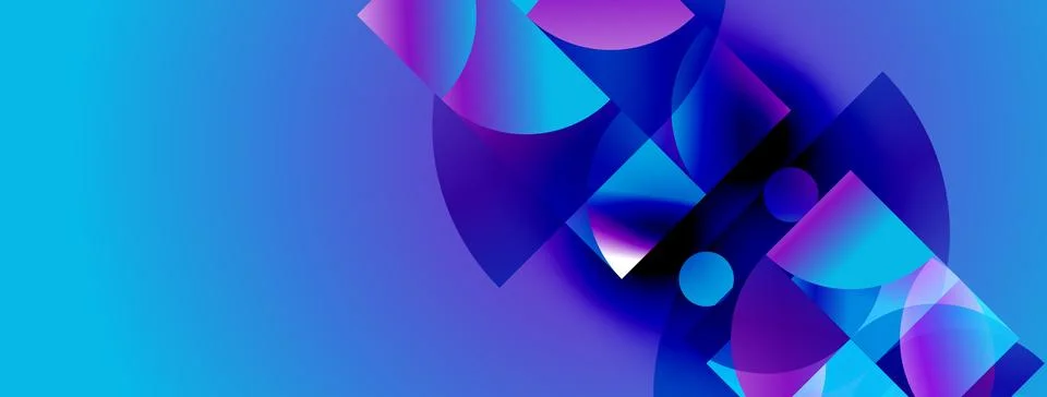 Abstract composition featuring overlapping circles, vibrant blues, purples, Illustrazione stock