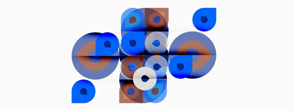 Abstract composition featuring overlapping circles, squares. Blue, brown, whi Illustrazione stock