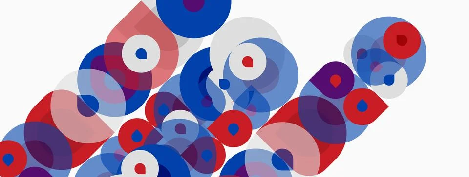 Abstract composition featuring overlapping circles, squares. Red, blue, gray Stock Illustration