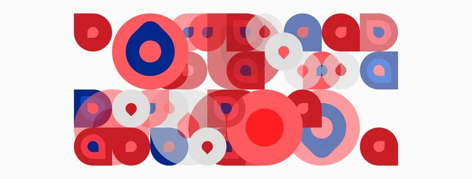 Abstract composition featuring overlapping circles, squares. Red, blue, pink Stock Illustration