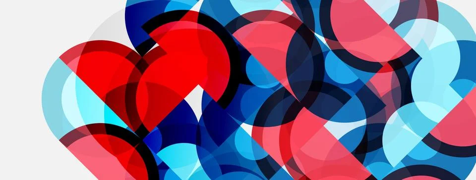 Abstract composition featuring overlapping circles. Red, blue, pink hues crea Stock Illustration