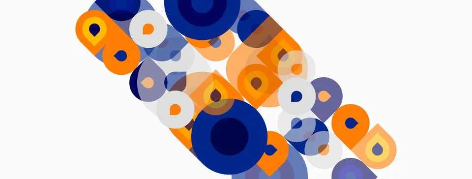 Abstract composition featuring overlapping circles, orange, navy, gray hues. Stock Illustration