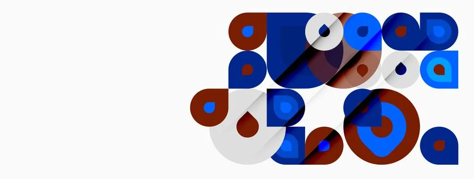 Abstract composition featuring overlapping circles, squares, varied hues. M.. 库存插图