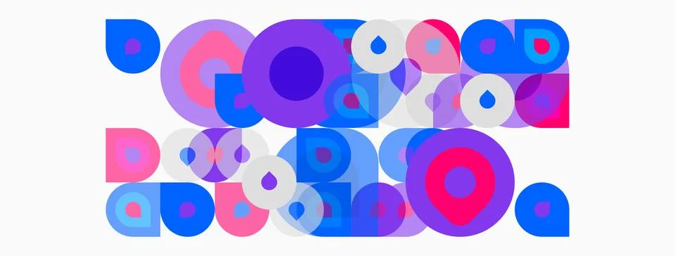 Abstract composition featuring overlapping circles, squares, vibrant pinks, Stockillustratie