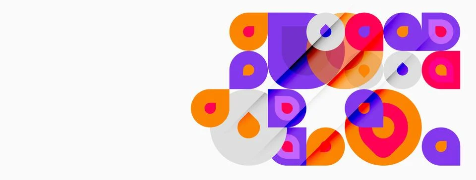 Abstract composition featuring overlapping circles, squares, orange, purple.. Stockillustratie