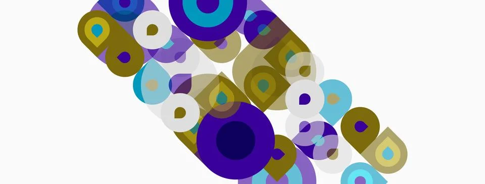 Abstract composition featuring overlapping circles, varied colors, geometric Stock Illustration