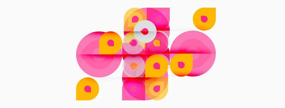 Abstract composition featuring overlapping circles, squares, vibrant pinks, Stockillustratie