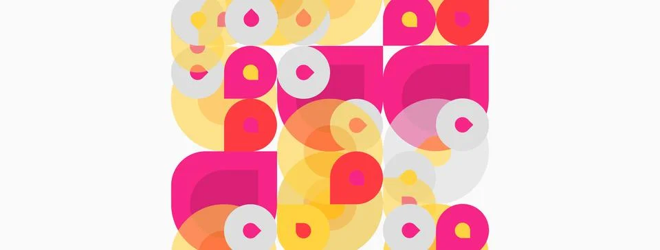 Abstract composition featuring overlapping circles, squares. Pink, yellow, .. Stockillustratie
