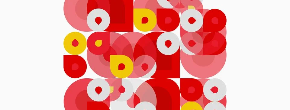 Abstract composition featuring overlapping circles, squares. Red, white, yell Stockillustratie