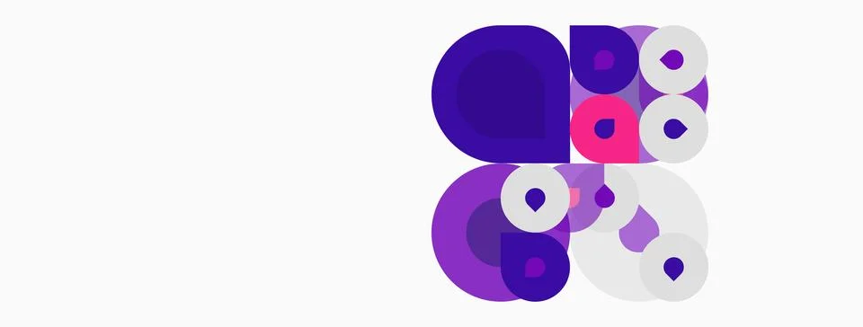 Abstract composition featuring overlapping circles, varying sizes, purple hue Stock Illustration