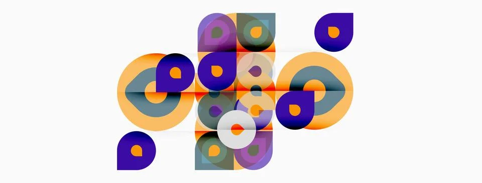 Abstract composition featuring overlapping circles, squares, vibrant colors. Stockillustratie