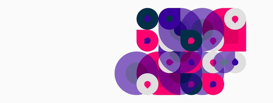 Abstract composition featuring overlapping circles, squares, vibrant pinks, 스톡 일러스트