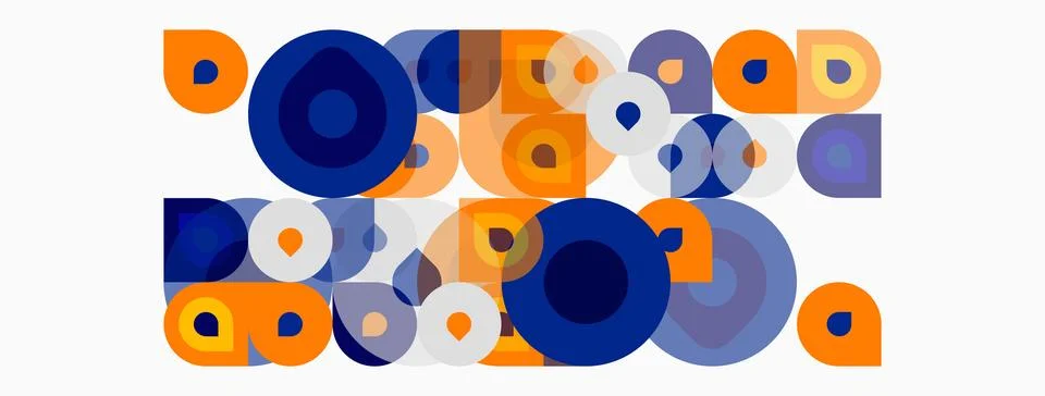 Abstract composition featuring overlapping circles, squares. Colors include.. Illustrazione stock