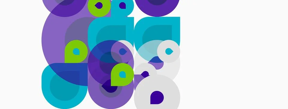 Abstract composition featuring overlapping circles, squares, varied hues. P.. 스톡 일러스트
