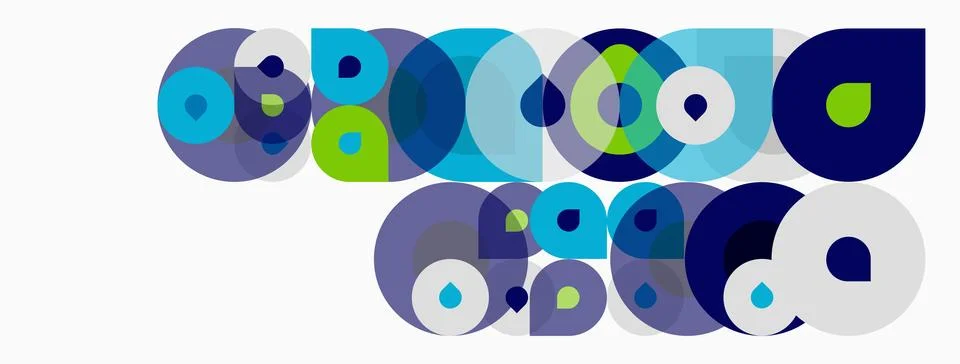 Abstract composition featuring overlapping circles. Various shades blue, gree Stock Illustration