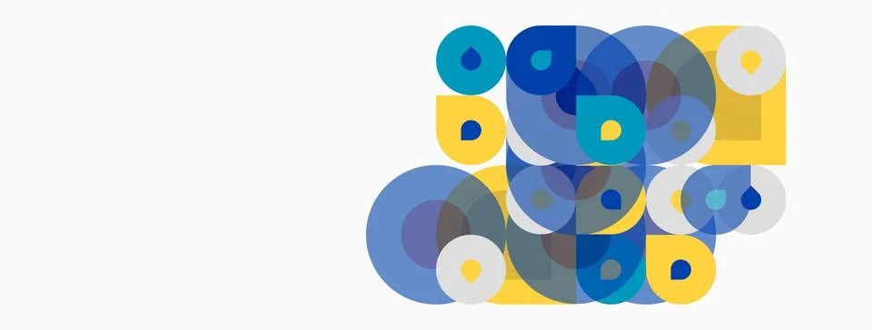 Abstract composition featuring overlapping circles, squares. Blue, yellow hue Illustrazione stock