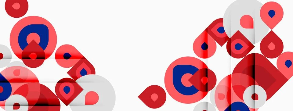 Abstract composition featuring overlapping circles, red, blue, white hues. Stock Illustration