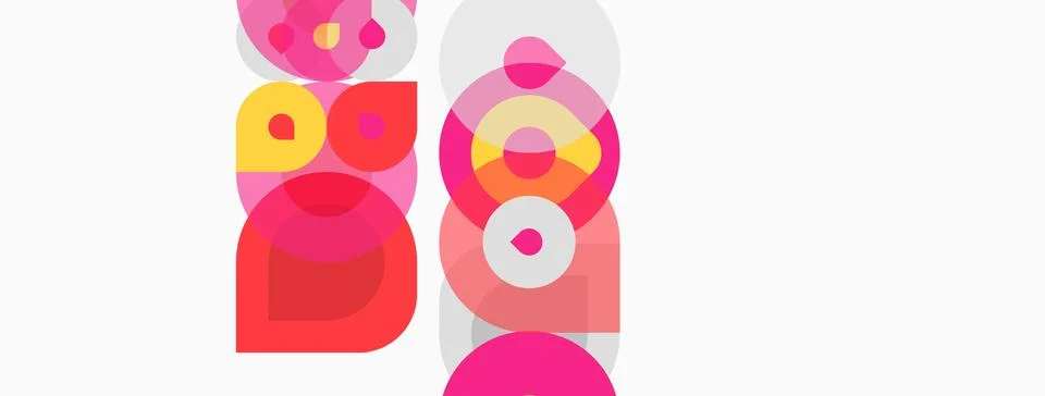 Abstract composition featuring overlapping circles, squares, vibrant colors. Illustrazione stock