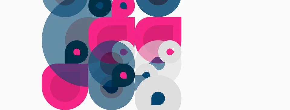 Abstract composition featuring overlapping circles, squares, pinks, blues. Illustrazione stock