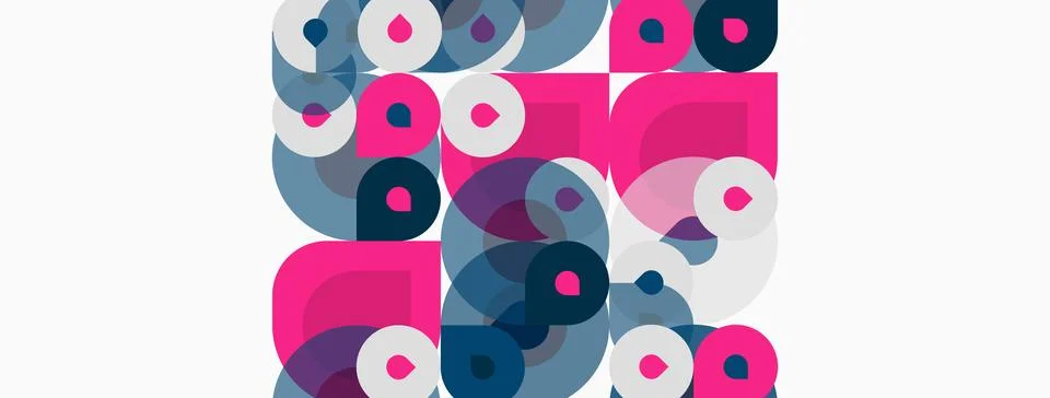 Abstract composition featuring overlapping circles, squares. Pink, blue, gray Illustrazione stock