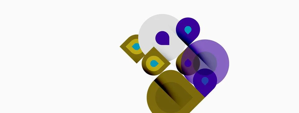 Abstract composition featuring overlapping circles, squares, curved shapes. Illustrazione stock