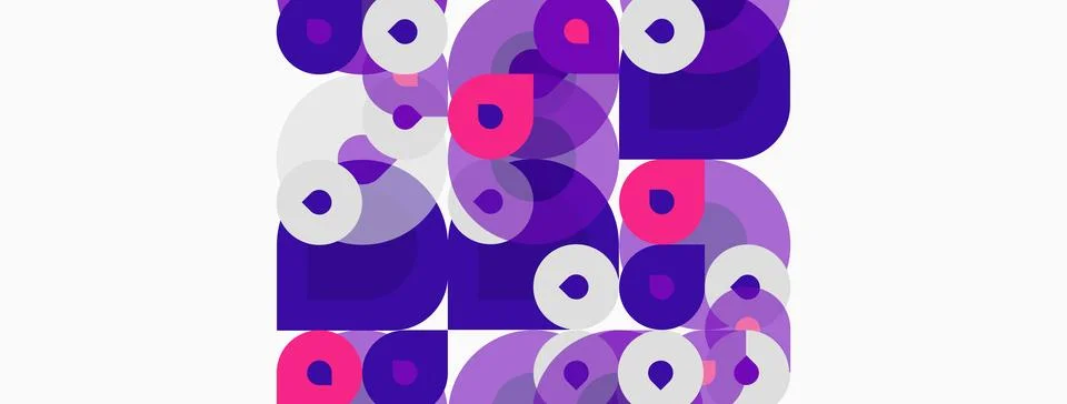 Abstract composition featuring overlapping circles, varying shades purple, .. Stock Illustration