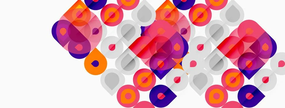 Abstract composition featuring overlapping circles, squares, vibrant colors. 스톡 일러스트