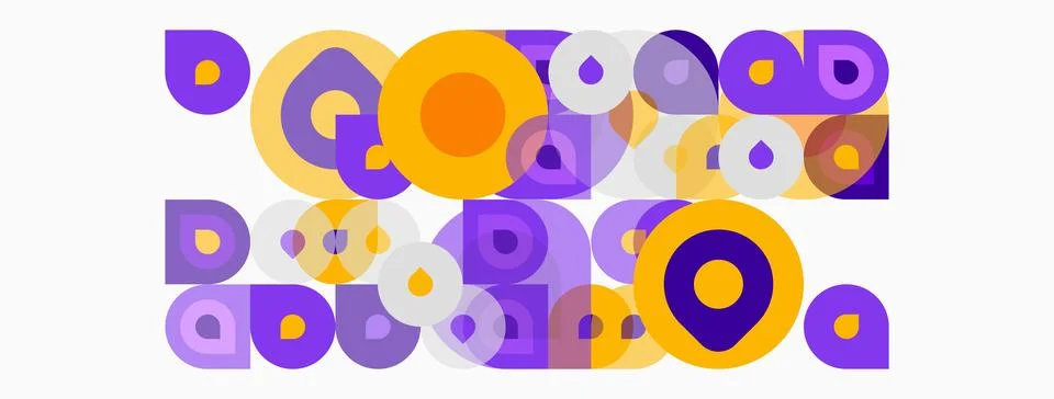 Abstract composition featuring overlapping circles, rectangles, varied hues. Illustrazione stock