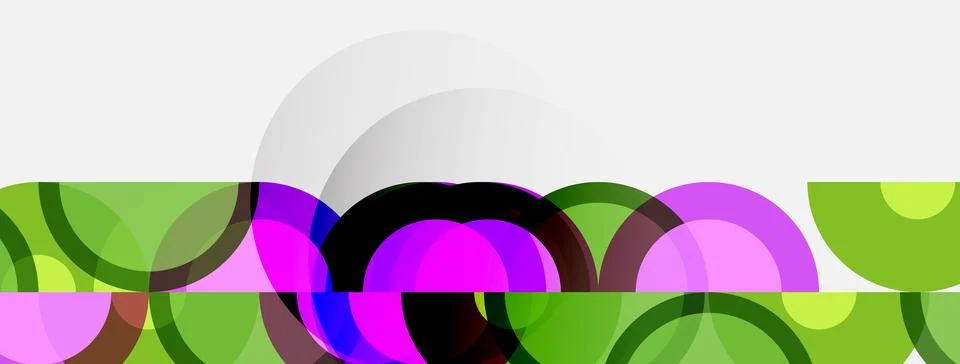 Abstract composition featuring overlapping circles, vibrant hues, white space Stock Illustration