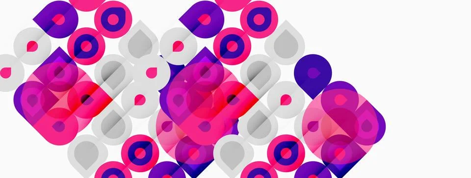 Abstract composition featuring overlapping circles, squares, vibrant pinks, 스톡 일러스트
