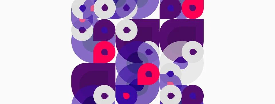 Abstract composition featuring overlapping circles, squares, rectangles. Pu.. Illustrazione stock