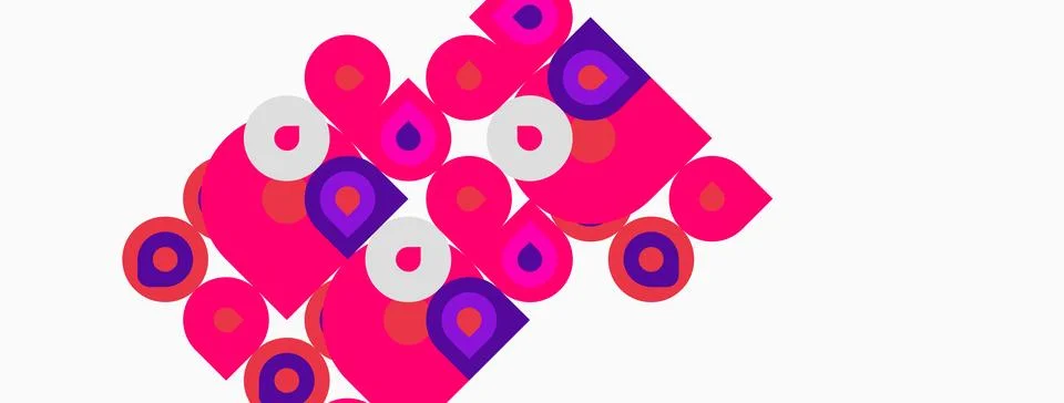 Abstract composition featuring overlapping circles, squares, vibrant pinks, Stock Illustration