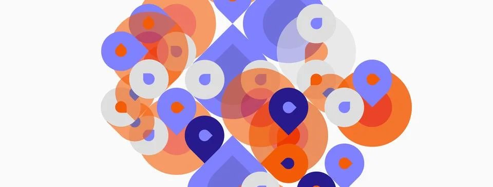 Abstract composition featuring overlapping circles, squares, varied hues. O.. 스톡 일러스트