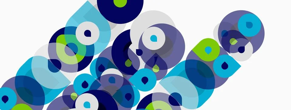 Abstract composition featuring overlapping circles. Blues, greens, grays crea 스톡 일러스트